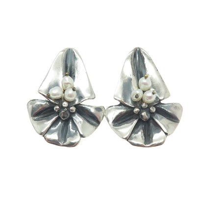 ARTIO Sterling Silver Vintage Pearl Modernist Floral Oxidized Clip On Earrings