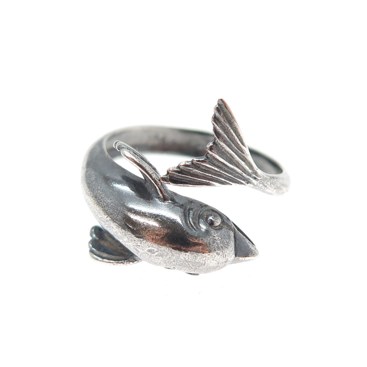 925 Sterling Silver Vintage Dolphin Oxidized Adjustable Ring Size 6.75