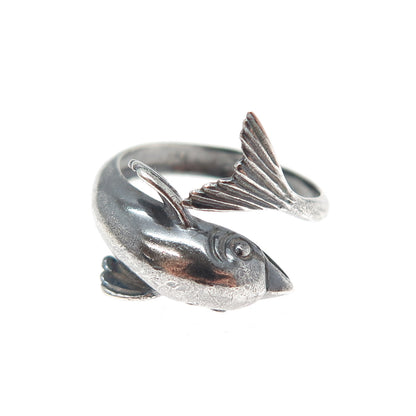 925 Sterling Silver Vintage Dolphin Oxidized Adjustable Ring Size 6.75