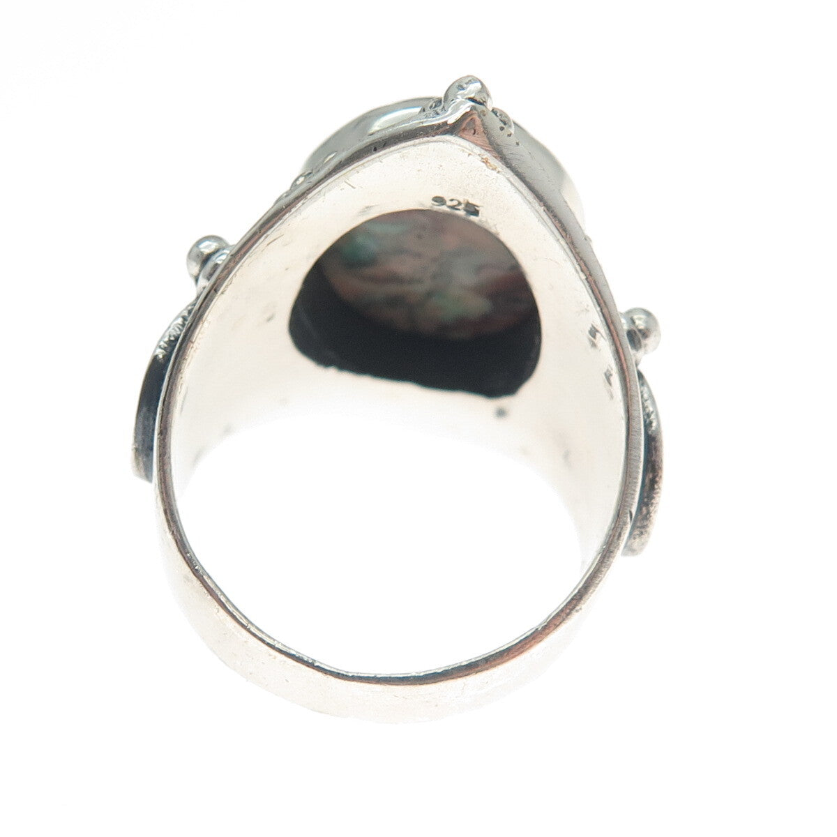 925 Sterling Silver Vintage Real Agate Harp Roped Oxidized Ring Size 9.75
