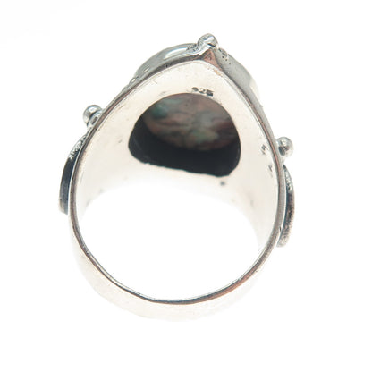 925 Sterling Silver Vintage Real Agate Harp Roped Oxidized Ring Size 9.75