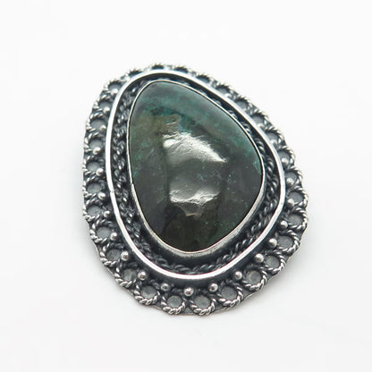 925 Sterling Silver Vintage Real Chrysocolla Gemstone Pin Brooch / Pendant