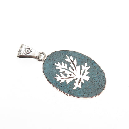 925 Sterling Silver Vintage Mexico Real Turquoise Inlay Cannabis Leaf Pendant