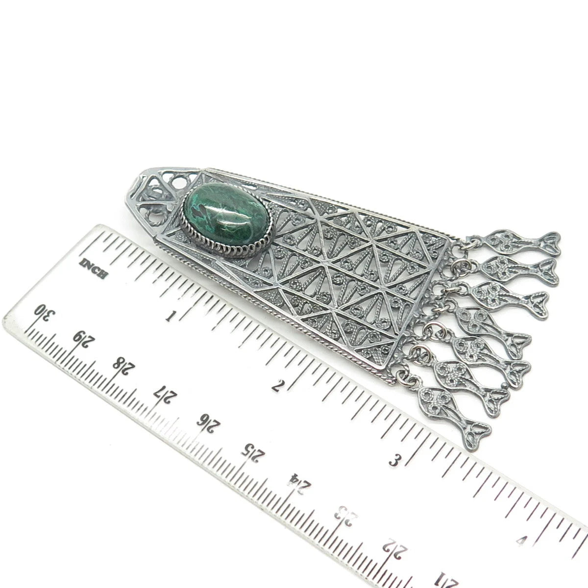925 Sterling Silver Vintage Real Chrysocolla Gem Filigree Ethnic Slide Pendant