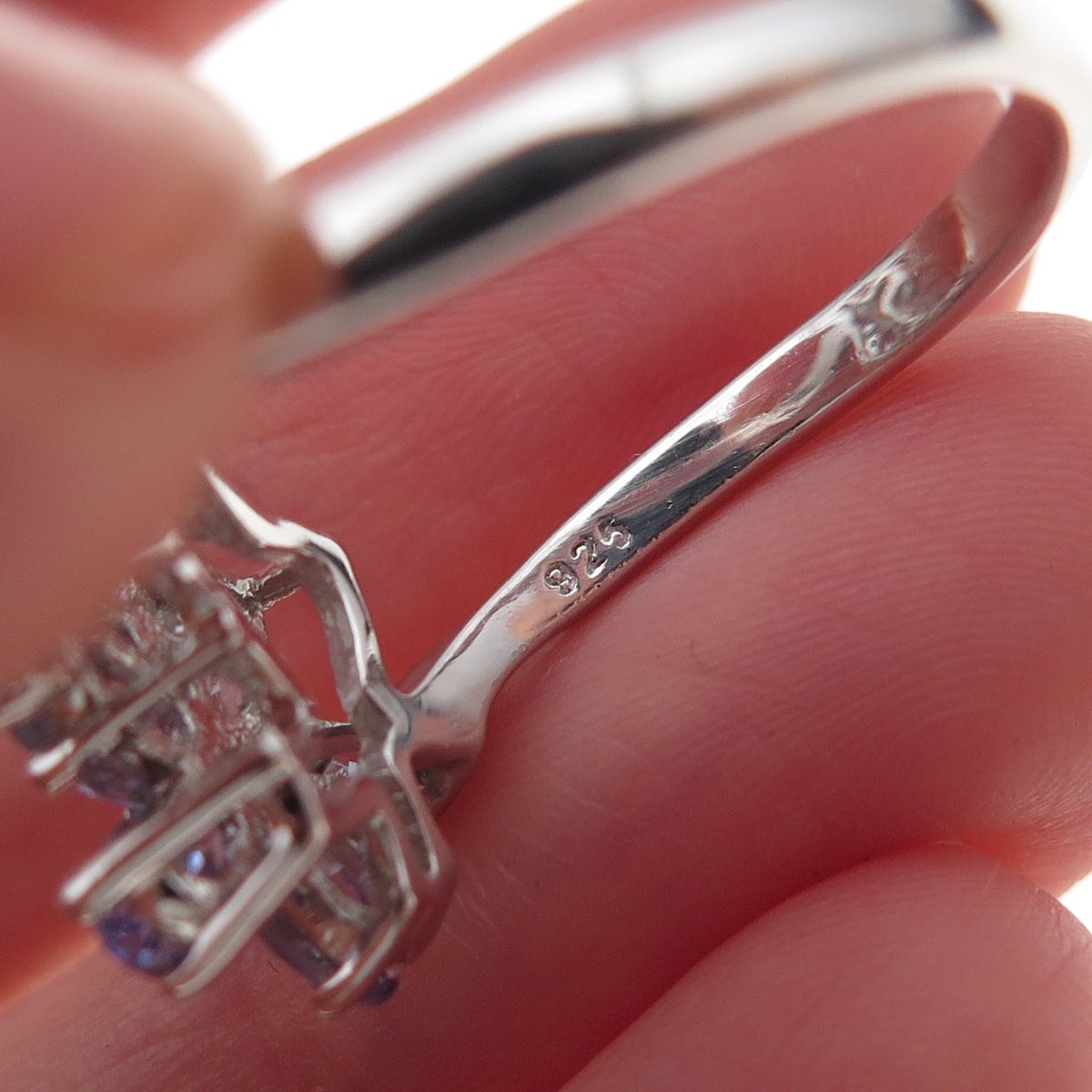 925 Sterling Silver Real Diamond & Tanzanite Floral Ring Size 8