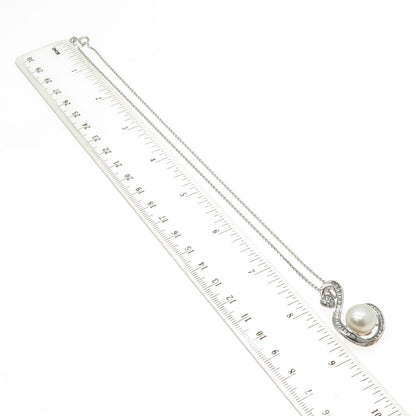 925 Sterling Silver Real Pearl & Round-Cut C Z Heart Cable Chain Necklace 16"