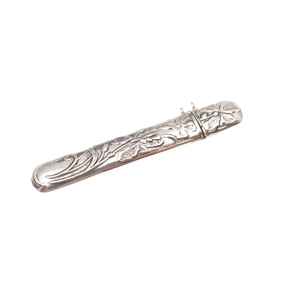 925 Sterling Silver Vintage Floral Repousse Oxidized Needle Case