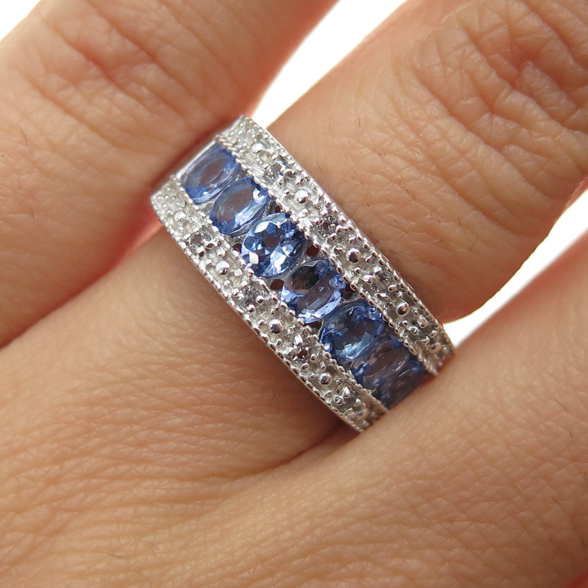 BML GEMS 925 Sterling Silver Real Oval-Cut Tanzanite & White Topaz Ring Size 6