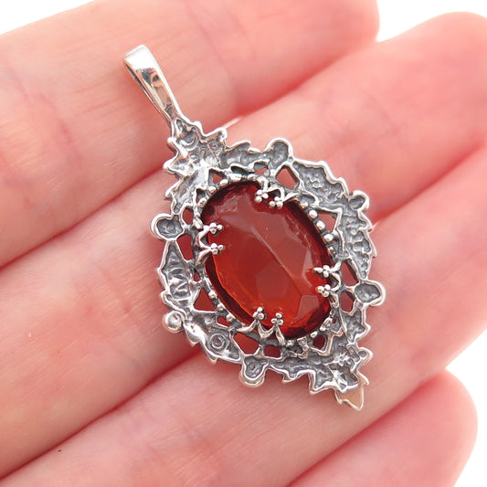 925 Sterling Silver Vintage Real Amber Floral Oxidized Charm Pendant