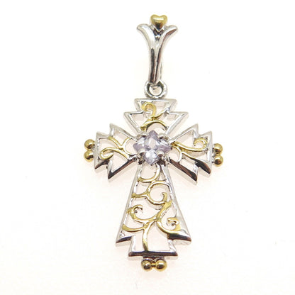 925 Sterling Silver 2-Tone Princess-Cut Lavender C Z Cross Minimalist Pendant