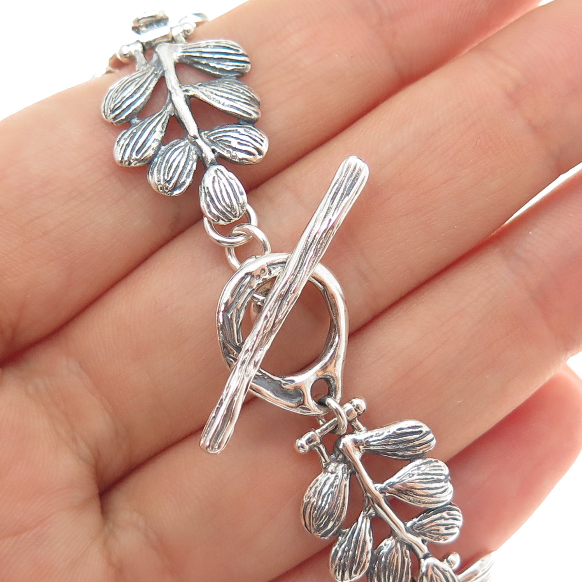 HAGIT GORALI Sterling Silver Vintage Israel Floral Leaf Oxidized Bracelet 6.75"
