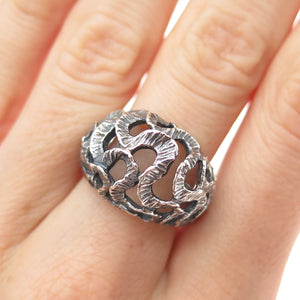 925 Sterling Silver Vintage Mexico Modernist Wavy Dome Oxidized Ring Size 7.75