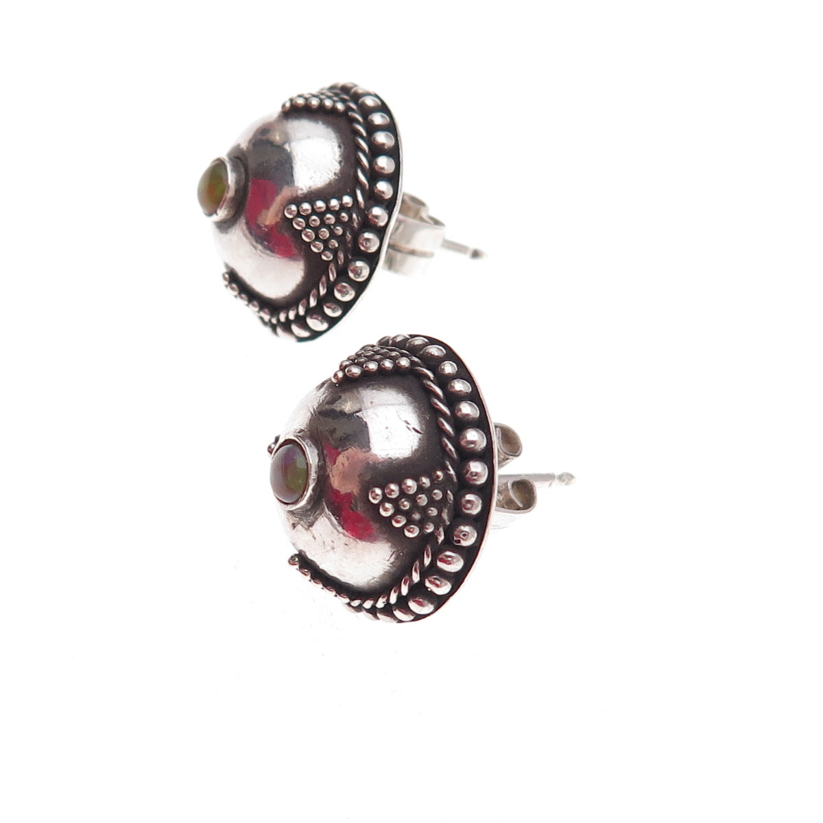 925 Sterling Silver Vintage Real Opal Cross Dome Oxidized Earrings