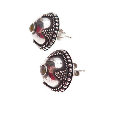 925 Sterling Silver Vintage Real Opal Cross Dome Oxidized Earrings