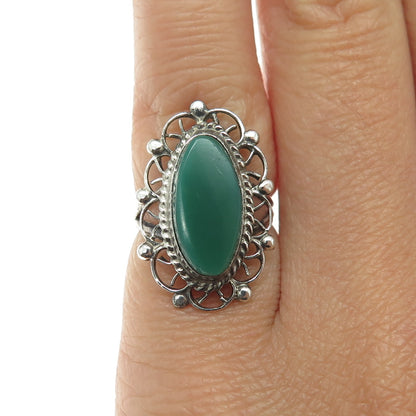 925 Sterling Silver Vintage Mexico Real Green Onyx Oxidized Ring Size 3.25