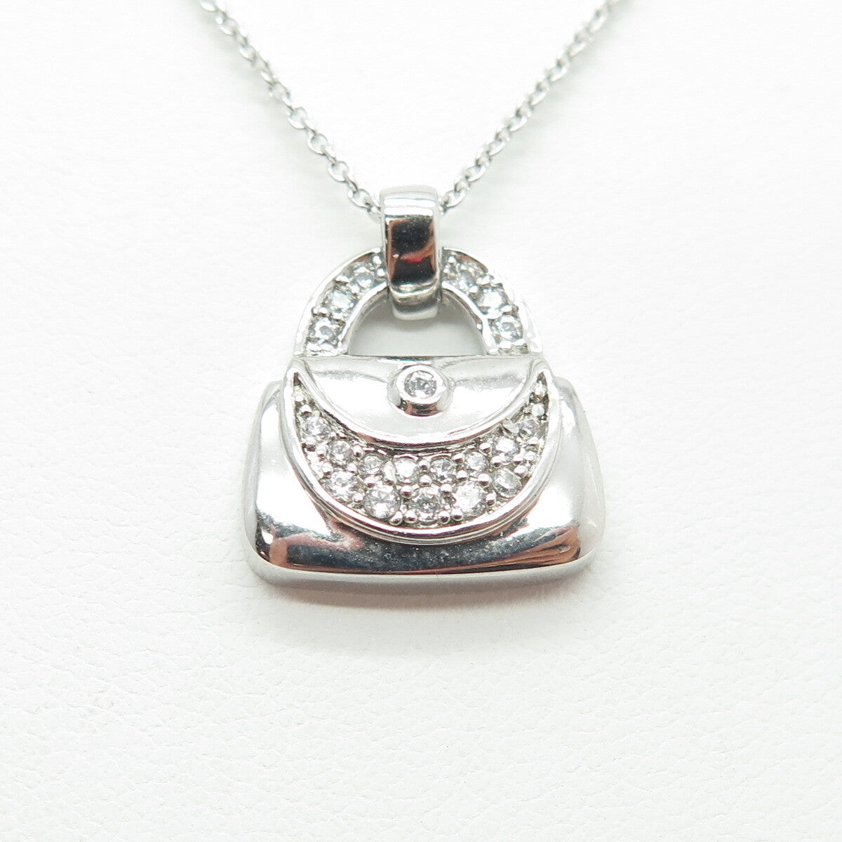 925 Sterling Silver Round-Cut C Z Ladies Handbag Cable Chain Necklace 16-18"