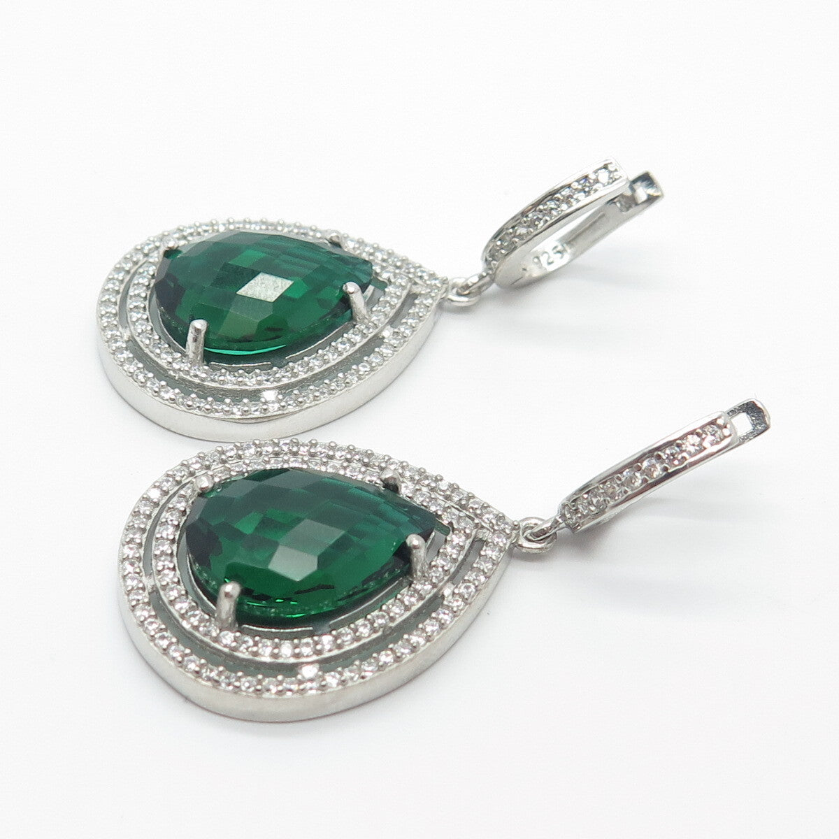 925 Sterling Silver White & Green C Z Dangling Earrings