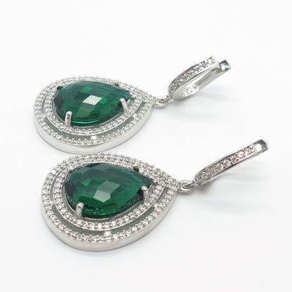 925 Sterling Silver White & Green C Z Dangling Earrings