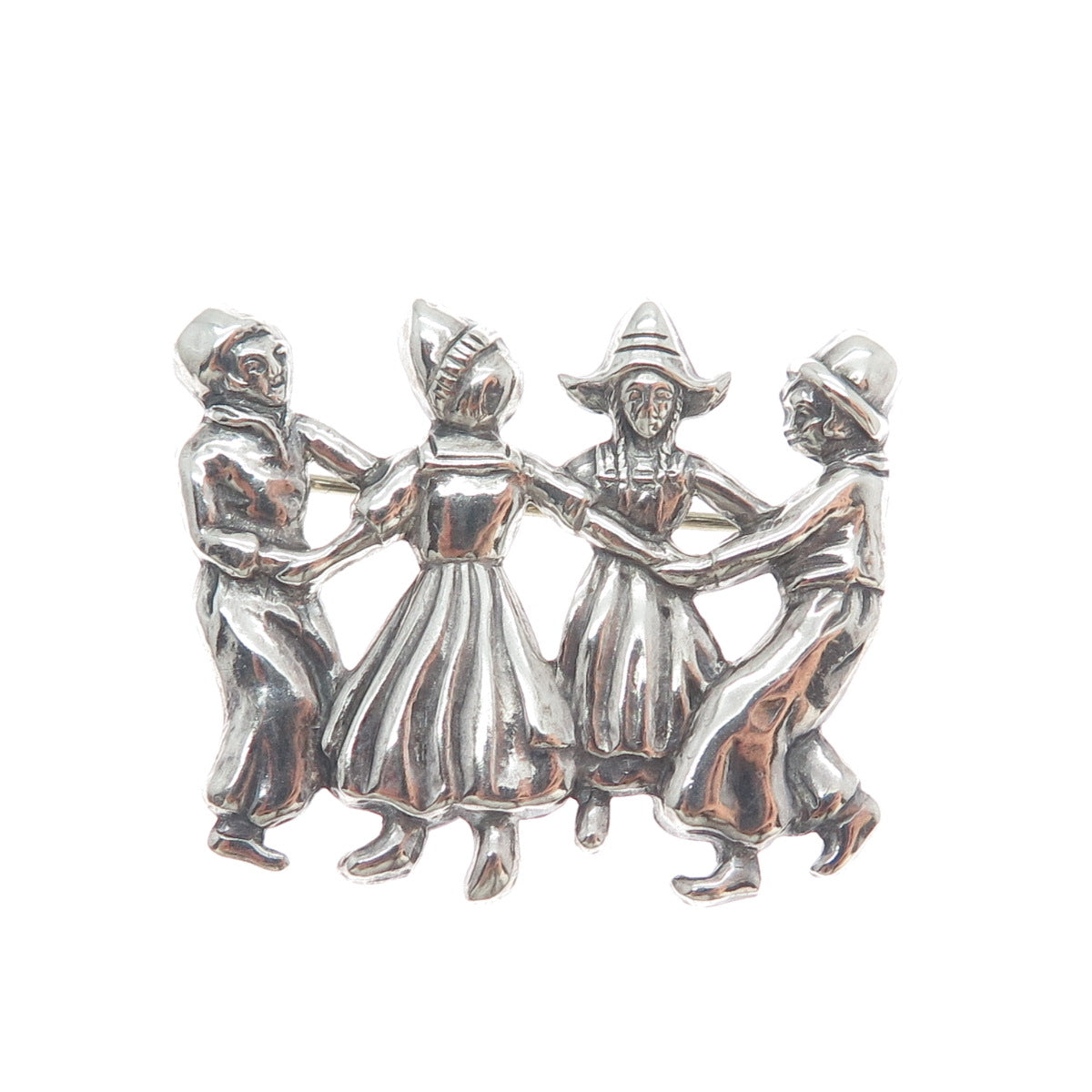 LANG 925 Sterling Silver Vintage Dutch Folklore Dance Scene Oxidized Pin Brooch