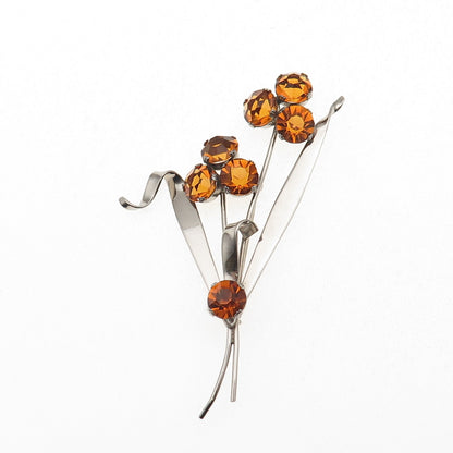 925 Sterling Silver Vintage Rhinestone Modernist Floral Pin Brooch