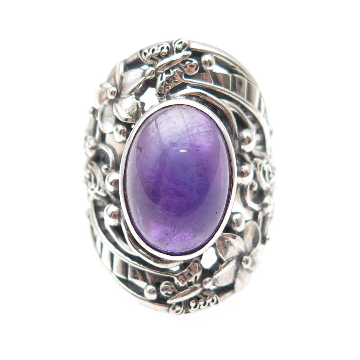 925 Sterling Silver Vintage Real Amethyst Butterfly & Flower Ring Size 5.75