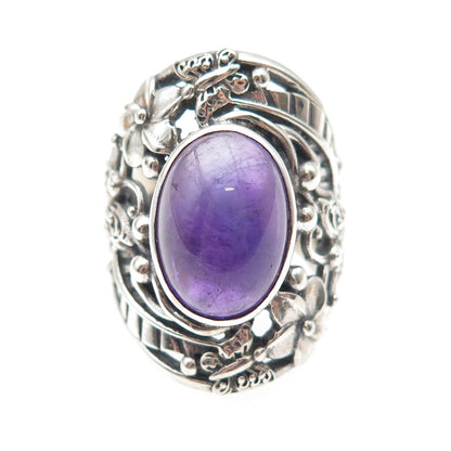 925 Sterling Silver Vintage Real Amethyst Butterfly & Flower Ring Size 5.75