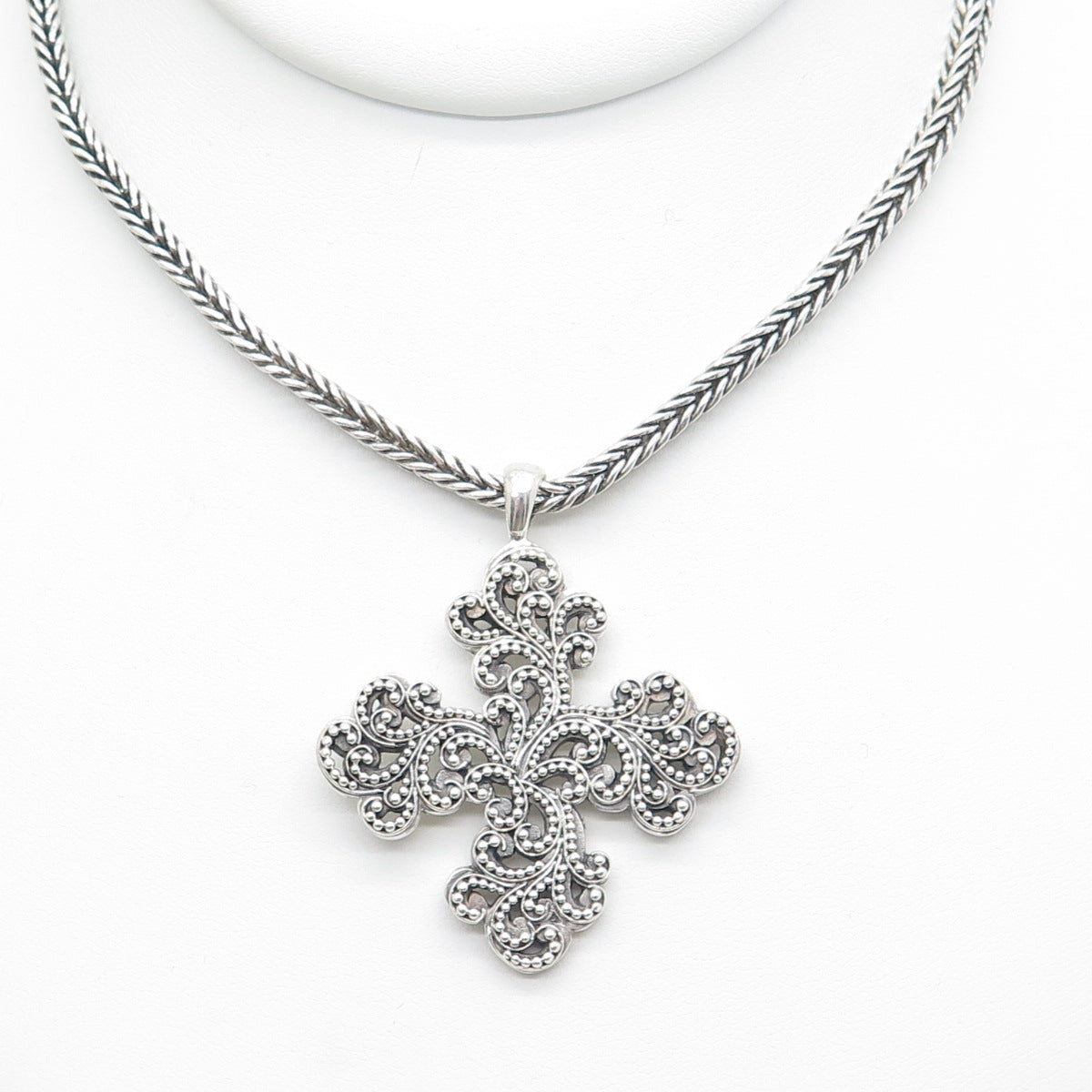 LOIS HILL Sterling Silver Vintage Granulated Cross Spiga Chain Necklace 16-18"