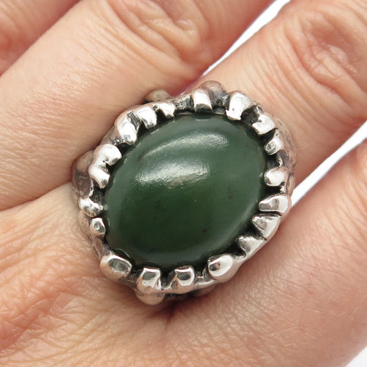 925 Sterling Silver Vintage Real Jade Gemstone Oval Ring Size 8.25
