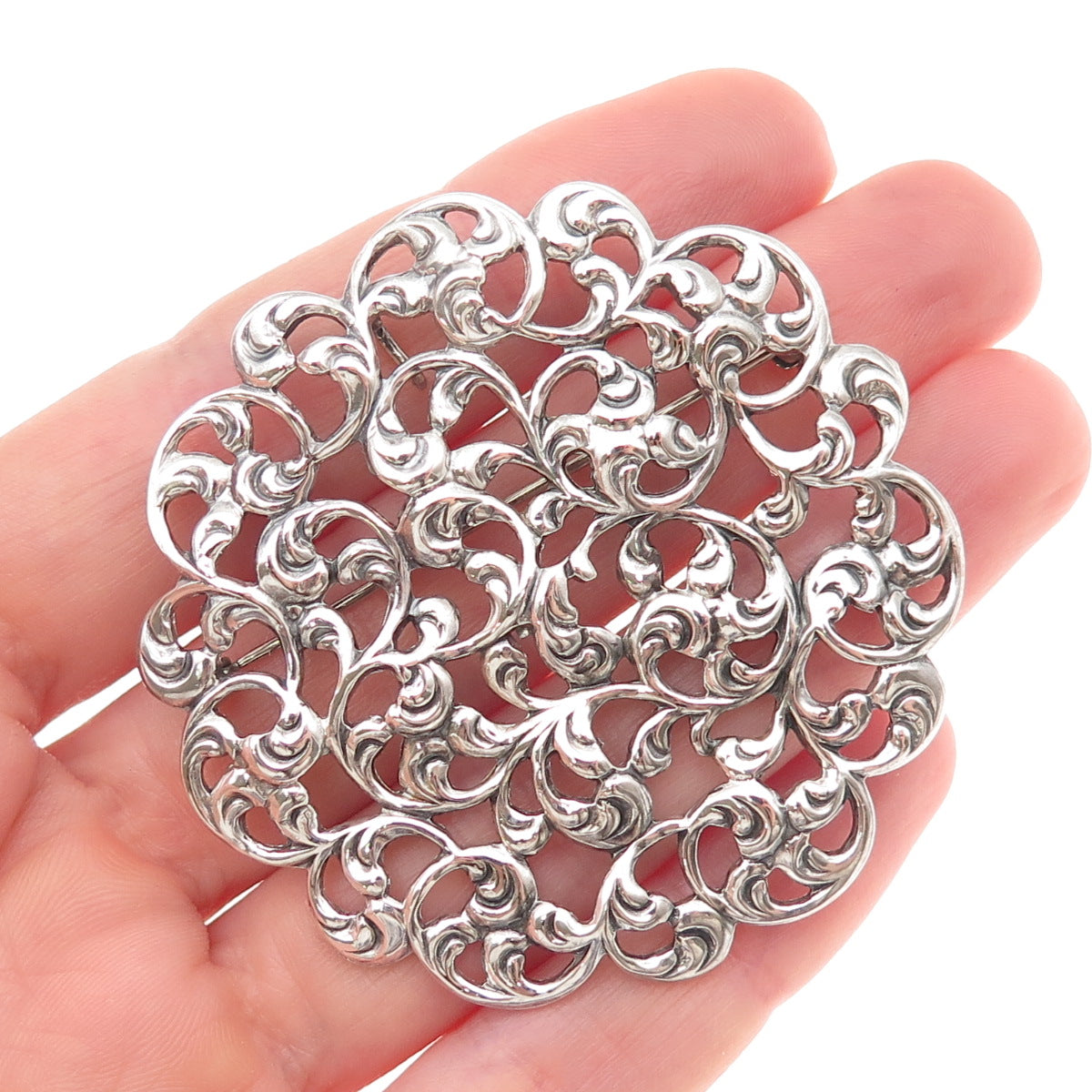Michele 925 Sterling Silver Antique Art Deco Floral Oxidized Pin Brooch Pendant