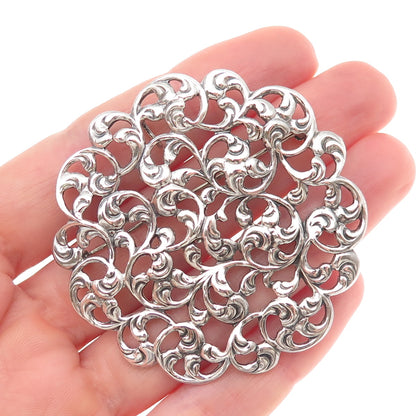 Michele 925 Sterling Silver Antique Art Deco Floral Oxidized Pin Brooch Pendant