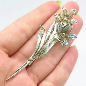 800 Silver Vintage Floral Filigree Pin Brooch