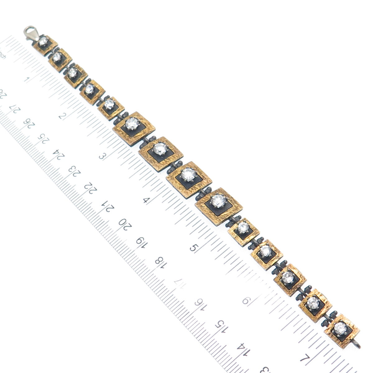925 Sterling Silver 2-Tone Vintage C Z Modernist Panel Link Oxidized Bracelet 7"