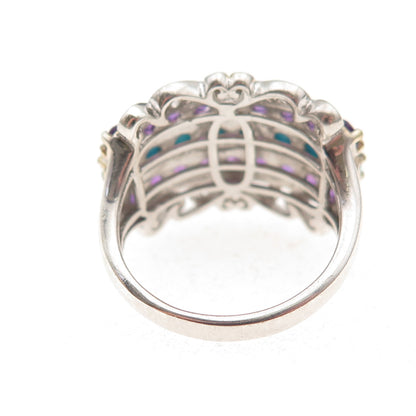 Chuck Clemency 925 Sterling Silver 2-Tone Real Turquoise Amethyst Ring Size 7.25