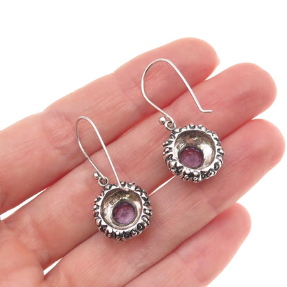 925 Sterling Silver Vintage Real Amethyst Dotted Oxidized Dangle Earrings