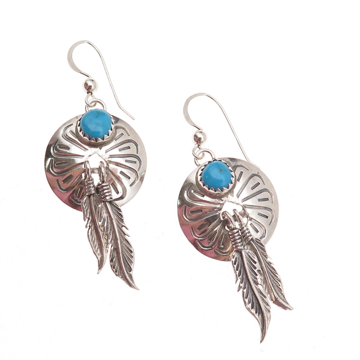 Old Pawn Sterling Silver Vintage Southwestern Turquoise Feather Dangle Earrings