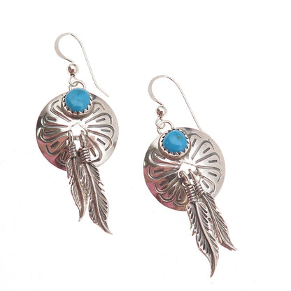 Old Pawn Sterling Silver Vintage Southwestern Turquoise Feather Dangle Earrings