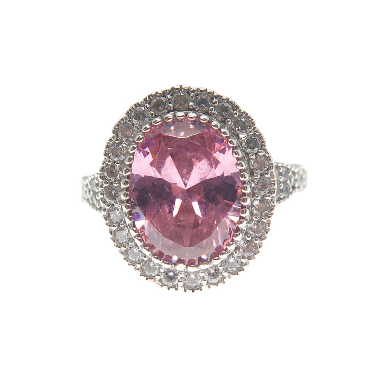 925 Sterling Silver Oval-Cut Pink & Round-Cut White C Z Ring Size 7.75