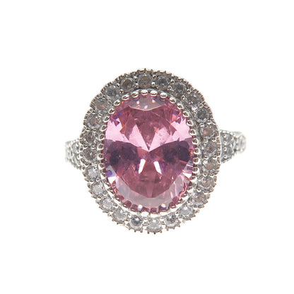 925 Sterling Silver Oval-Cut Pink & Round-Cut White C Z Ring Size 7.75