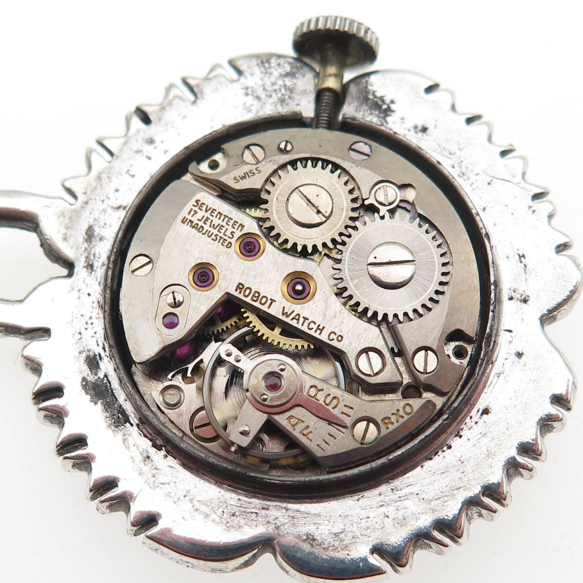 ROBOT CO 925 Sterling Antique Swiss Real Marcasite Flower 17 Jewels Watch Brooch
