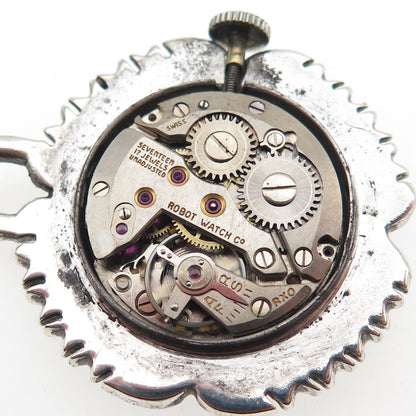 ROBOT CO 925 Sterling Antique Swiss Real Marcasite Flower 17 Jewels Watch Brooch
