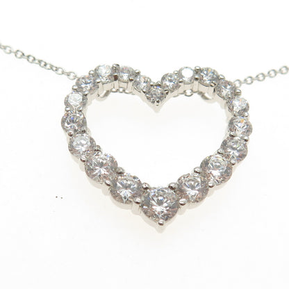925 Sterling Silver Round-Cut Shaped C Z Open Heart Rolo Chain Necklace 16-18"