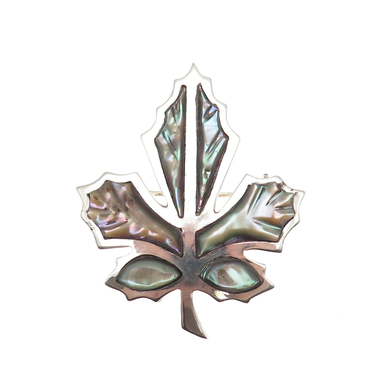 925 Sterling Silver Vintage Mexico Real Abalone Shell Maple Leaf Pin Brooch
