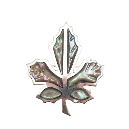 925 Sterling Silver Vintage Mexico Real Abalone Shell Maple Leaf Pin Brooch