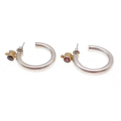 925 Sterling Silver 2-Tone Vintage Real Red Garnet Modernist Hoop Earrings