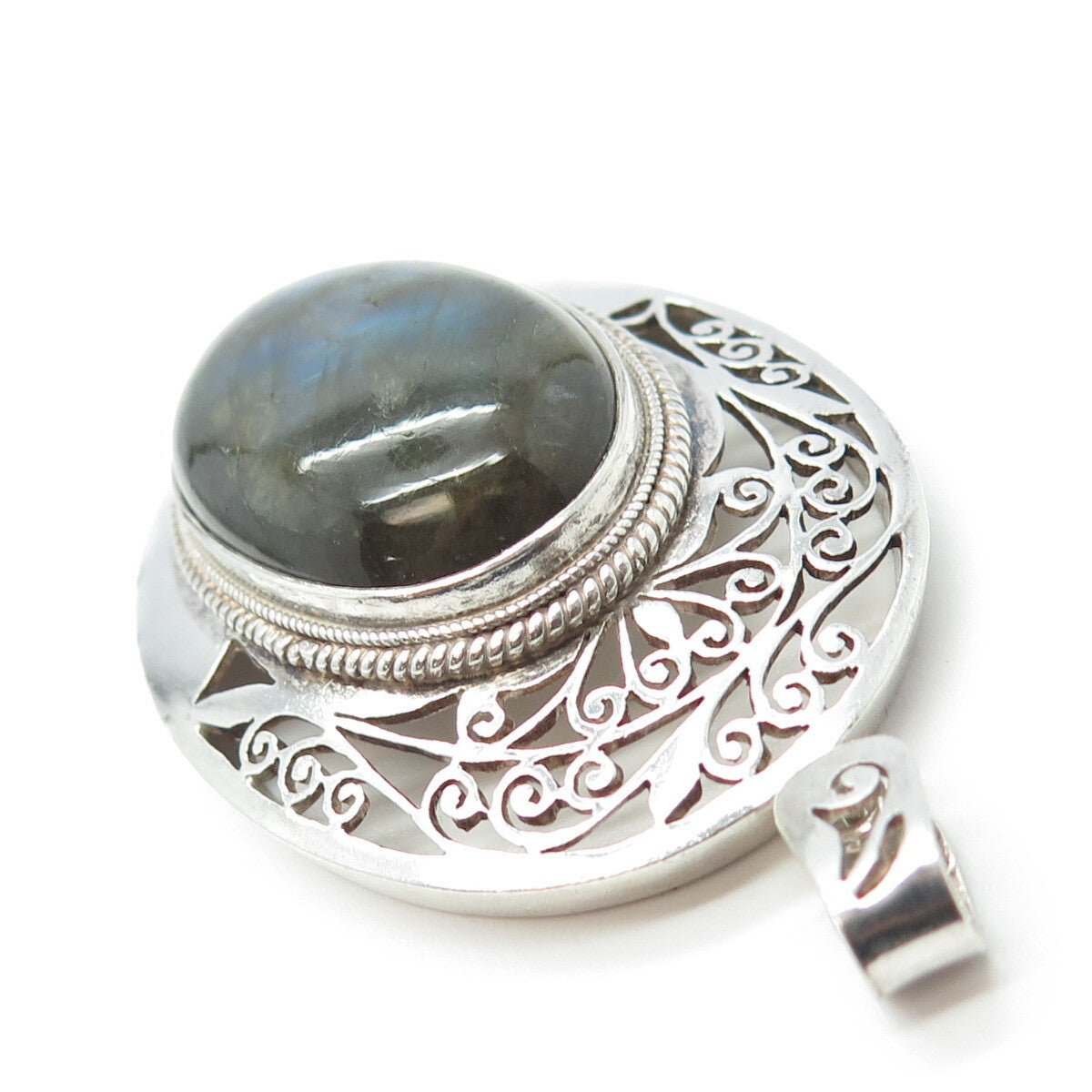 925 Sterling Silver Vintage Real Labradorite Gemstone Ornate Pendant