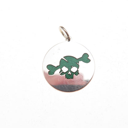 925 Sterling Silver Green Enamel Skull & Bone Charm Pendant