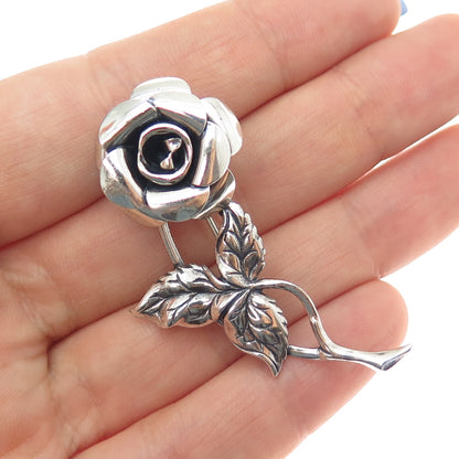 BEAU 925 Sterling Silver Vintage Rose Flower Oxidized Pin Brooch