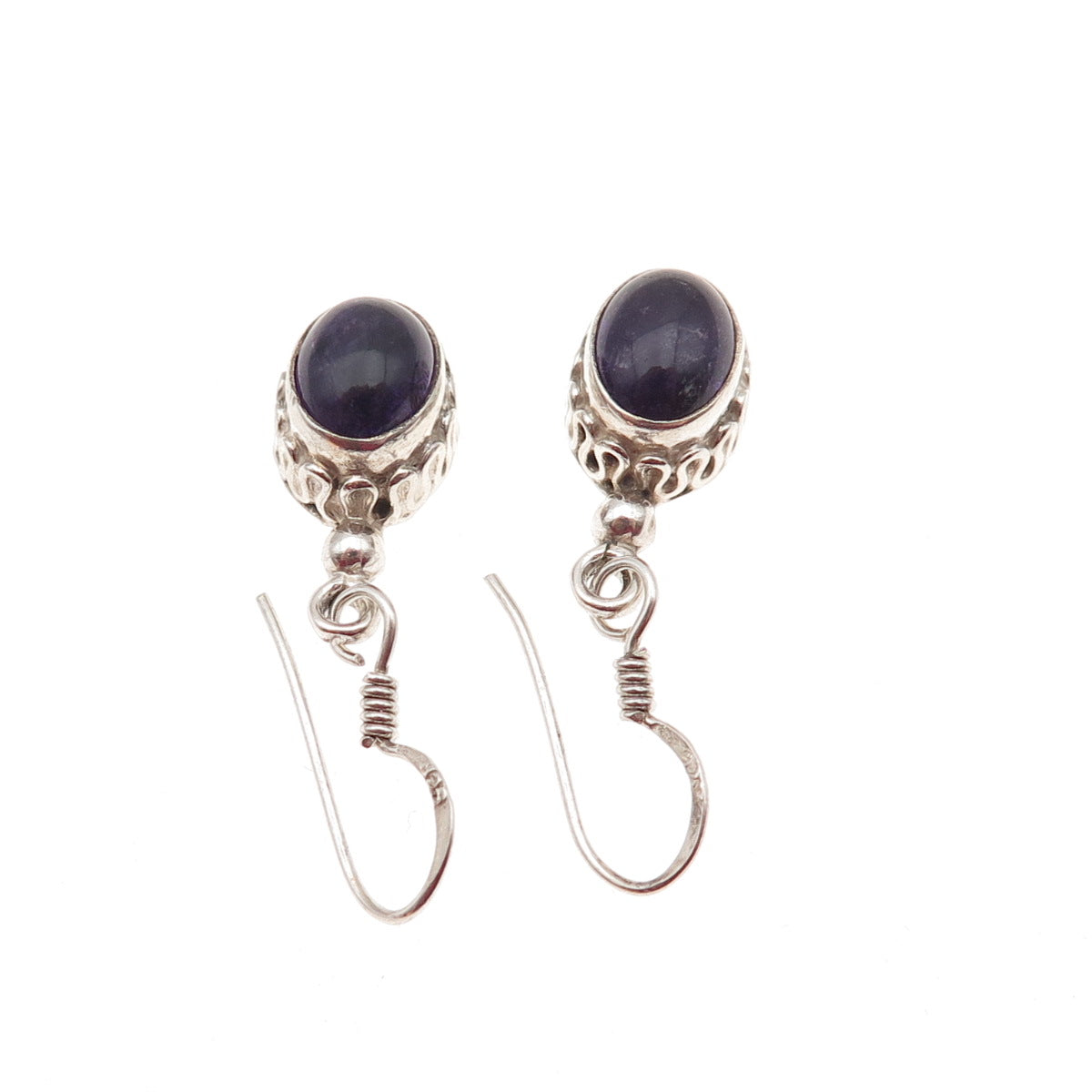 925 Sterling Silver Vintage Real Amethyst Wavy Oxidized Dangle Earrings
