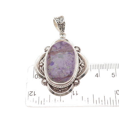 925 Sterling Silver Vintage Real Charoite Modernist Floral Oxidized Pendant