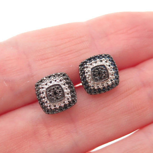 925 Sterling Silver 2-Tone Real Round-Cut Black Diamond Stud Earrings